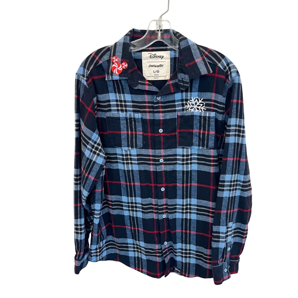 Disney Cakeworthy Mickey Nutcracker Flannel Shirt Large Blue Plaid Christmas